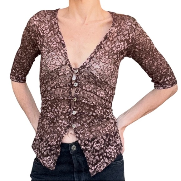 Vintage Stretchy Floral Lace Button Down 3/4 Sleeve Top, Size XS - Picture 1 of 8